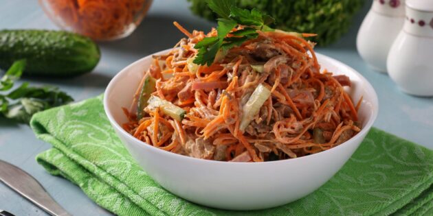 Салат с корейской морковью, огурцами и ветчиной: лучшие рецепты салатов