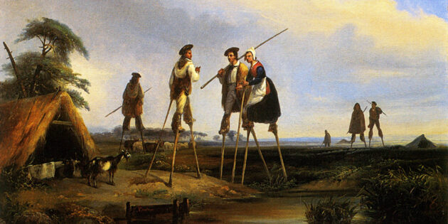 Пастухи ходят на ходулях в регионе Ланды во Франции. Жан Луи Жентрак, 1850 г. 