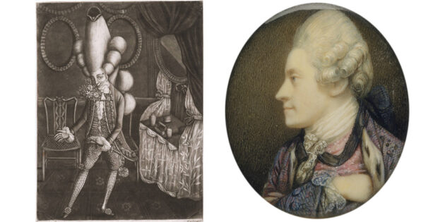 Слева — карикатура Филипа Доу 1773 года. Справа — реальный вариант на автопортрете художника Ричарда Косвея, ок. 1770 г. 