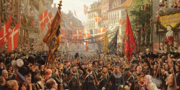 Датские солдаты возвращаются в Копенгаген после битвы при Фредерисии. Картина Отто Бахе, 1894 г.