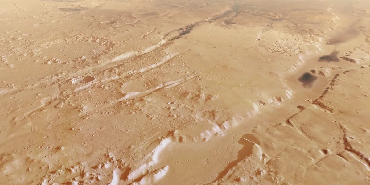 ESA показало пролёт над каньонами Марса, похожими на следы когтей гигантского кота