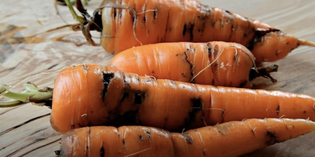 Морковь, поражённая личинками морковной мухи
