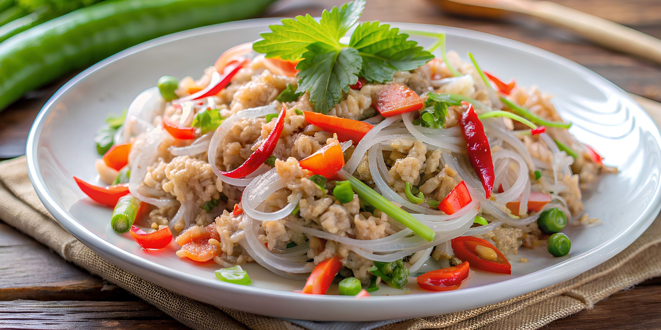 Тайский салат с фунчозой, фаршем и овощами