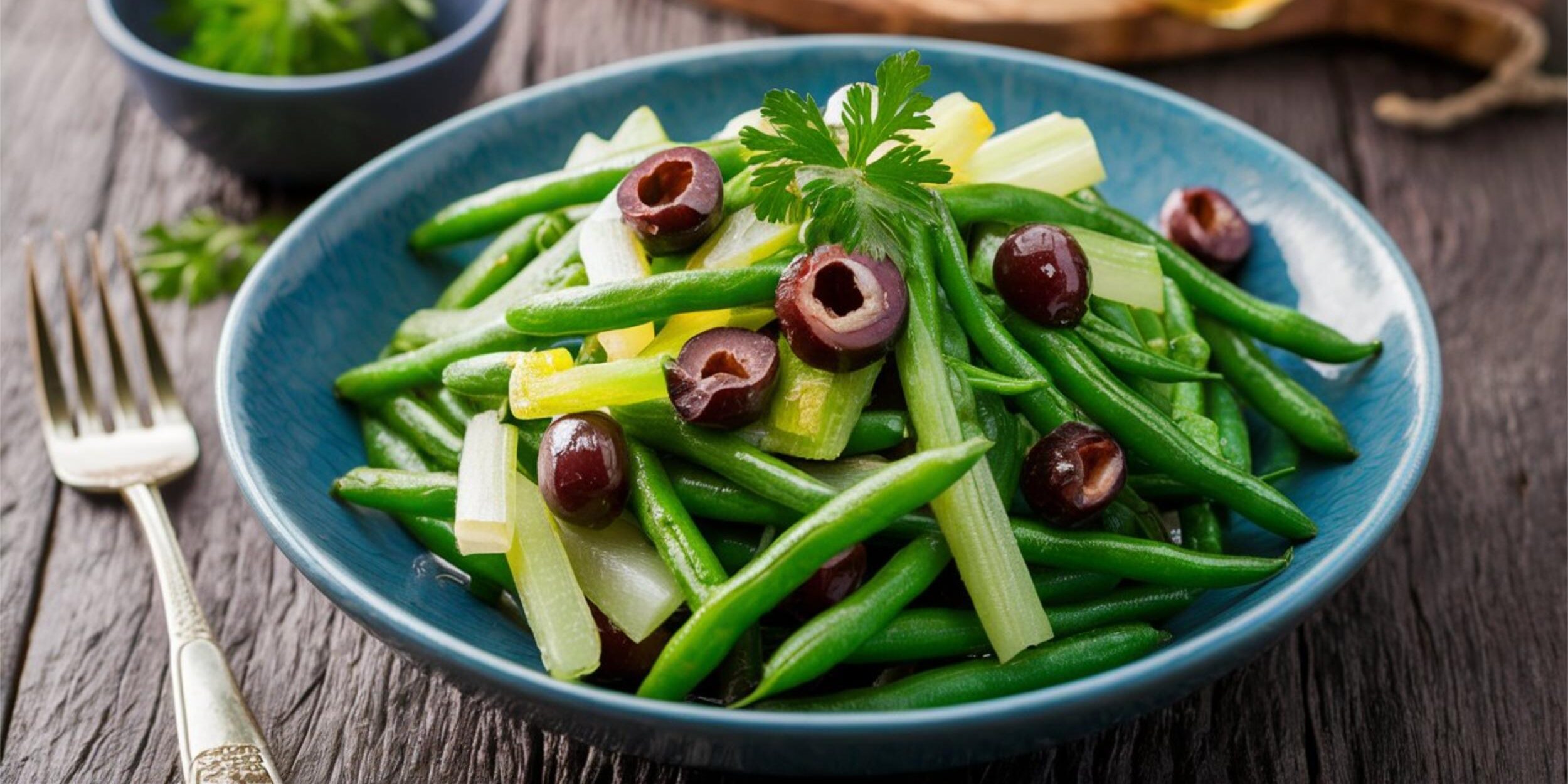 Салат со свежей стручковой фасолью, сельдереем и маслинами