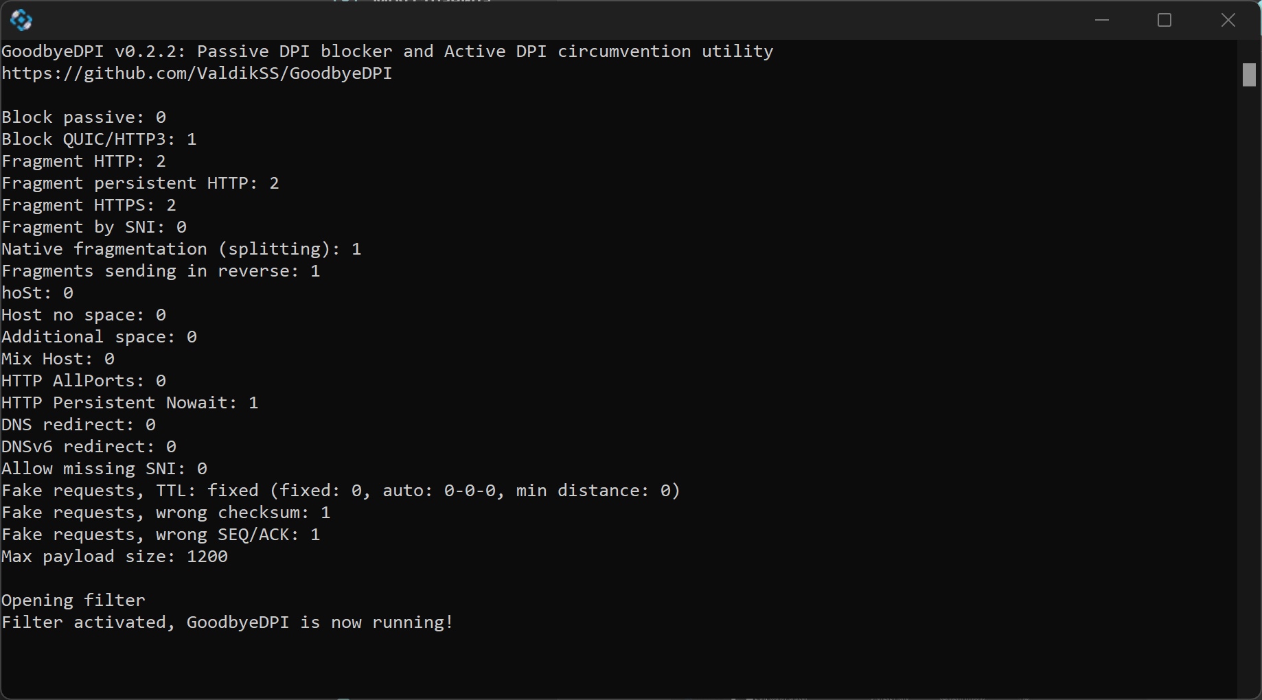 Дождитесь надписи Filter activated, GoodbyeDPI is now running