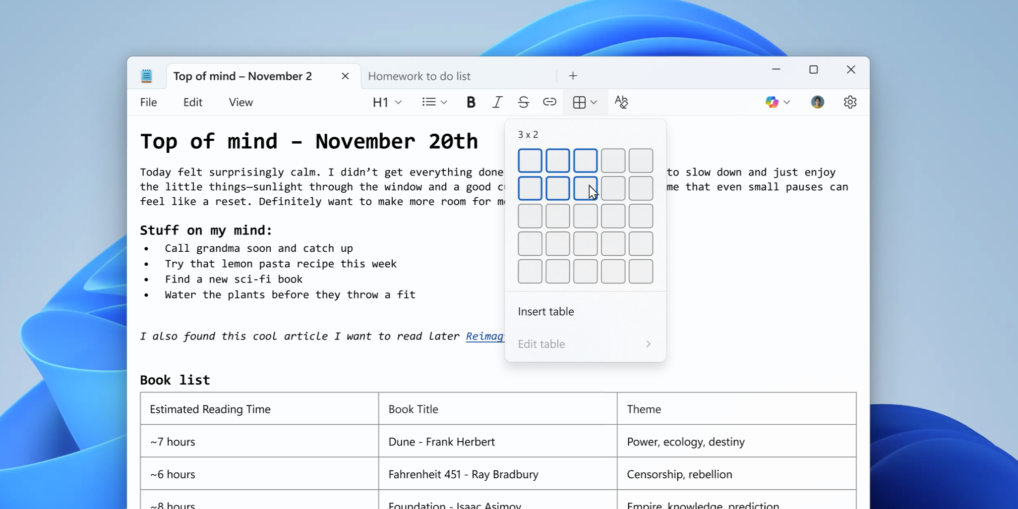 В Блокноте на Windows 11 появилась поддержка таблиц