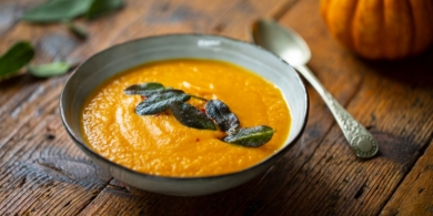 Простой тыквенный суп с яблоками и сырными сухариками от Джейми Оливера