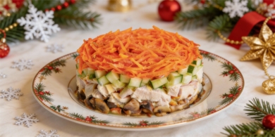 Салат «Восторг» с курицей, корейской морковью и грибами