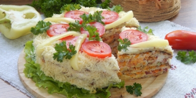 Нарядный печёночный торт с сыром и овощами