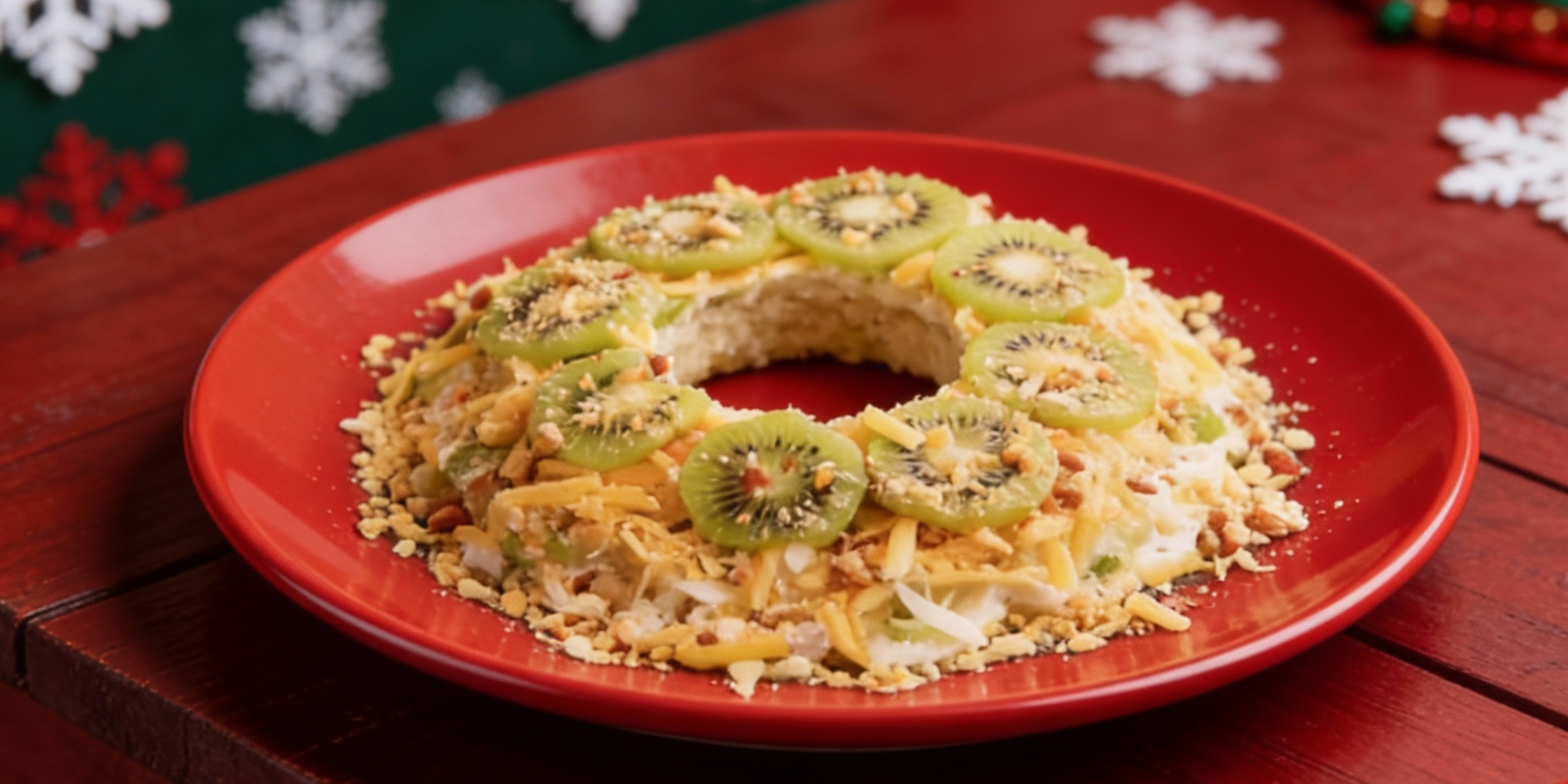 Слоёный салат с курицей, киви и грецким орехом: рецепт