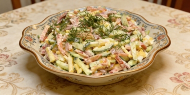 Лёгкий салат «Бахор» с копчёной колбасой