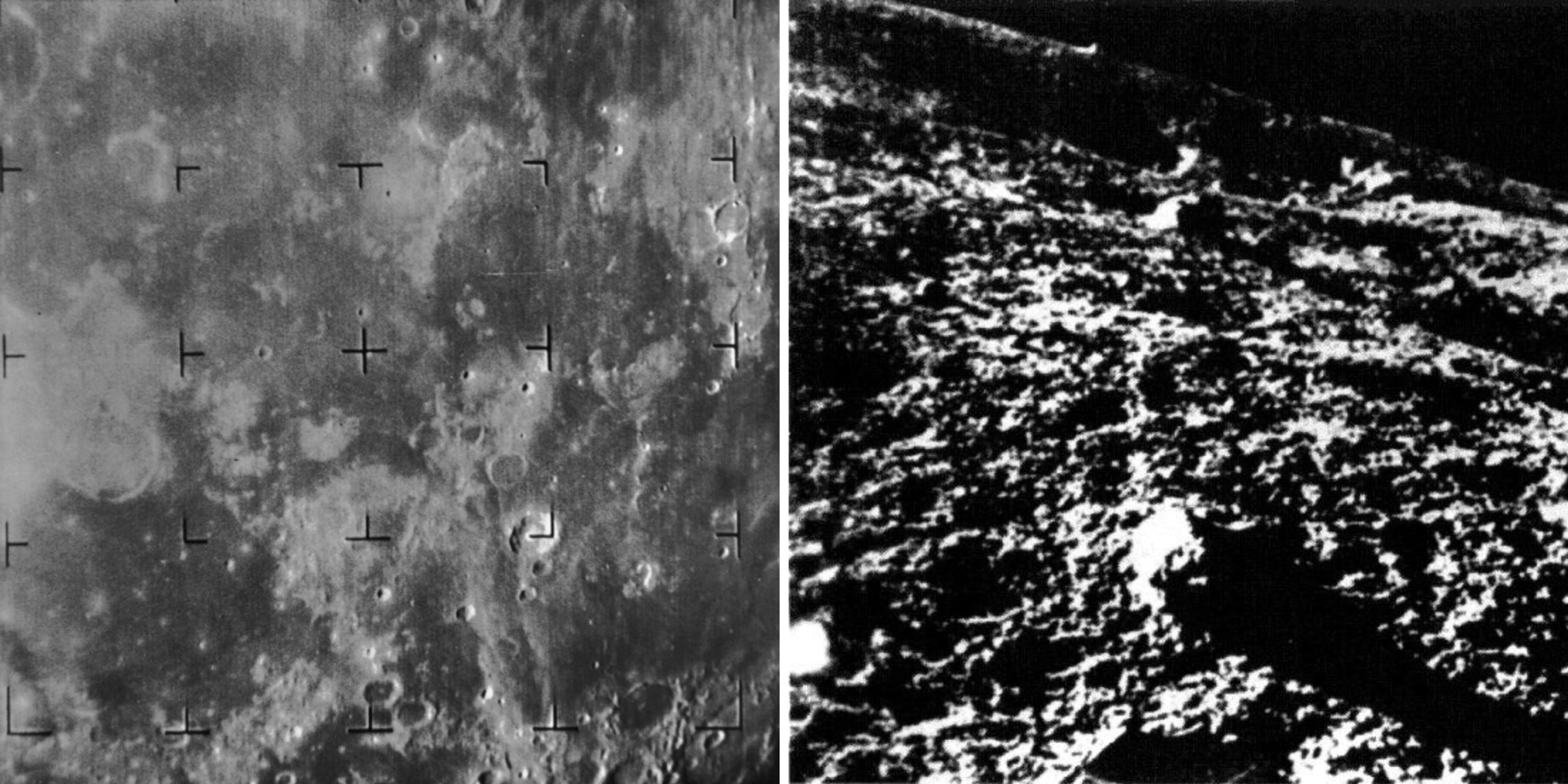 Фото Луны, снятое на «Рейнджер-7» перед падением, и  первое фото поверхности спутника с «Луны-9»