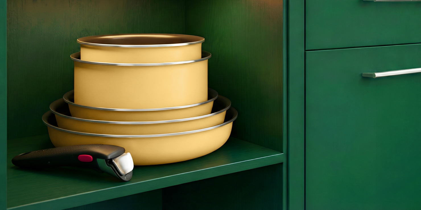 Целый набор посуды Tefal Ingenio помещается на одной полке