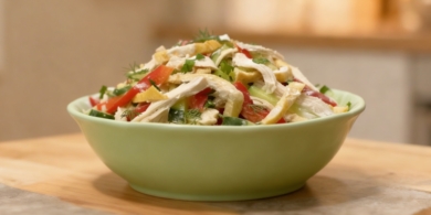 Быстрый салат «Рекордсмен» с курицей, яичным блинчиком и овощами