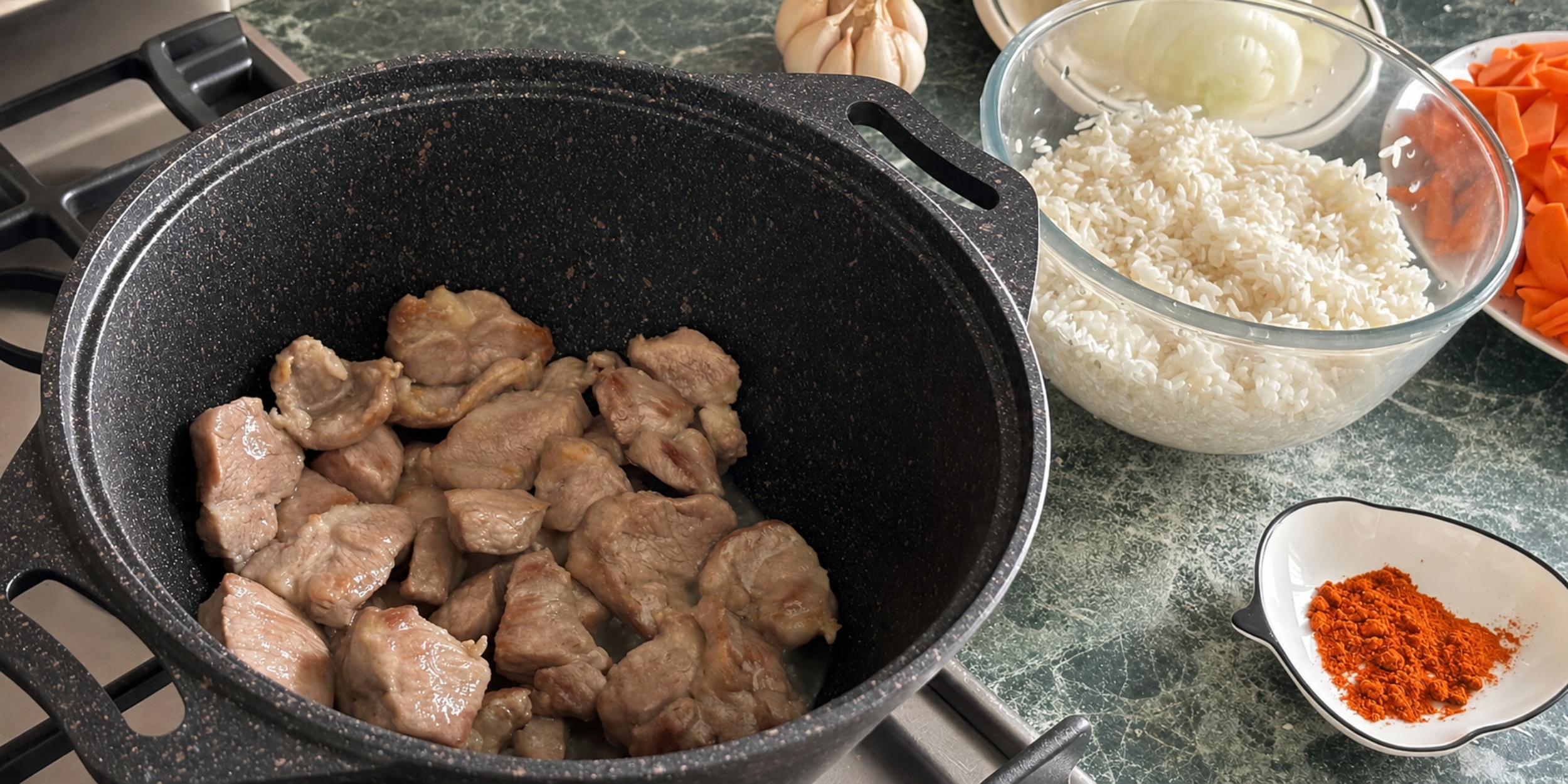 Мясо для плова из свинины в казане Мясо для плова из свинины в казане