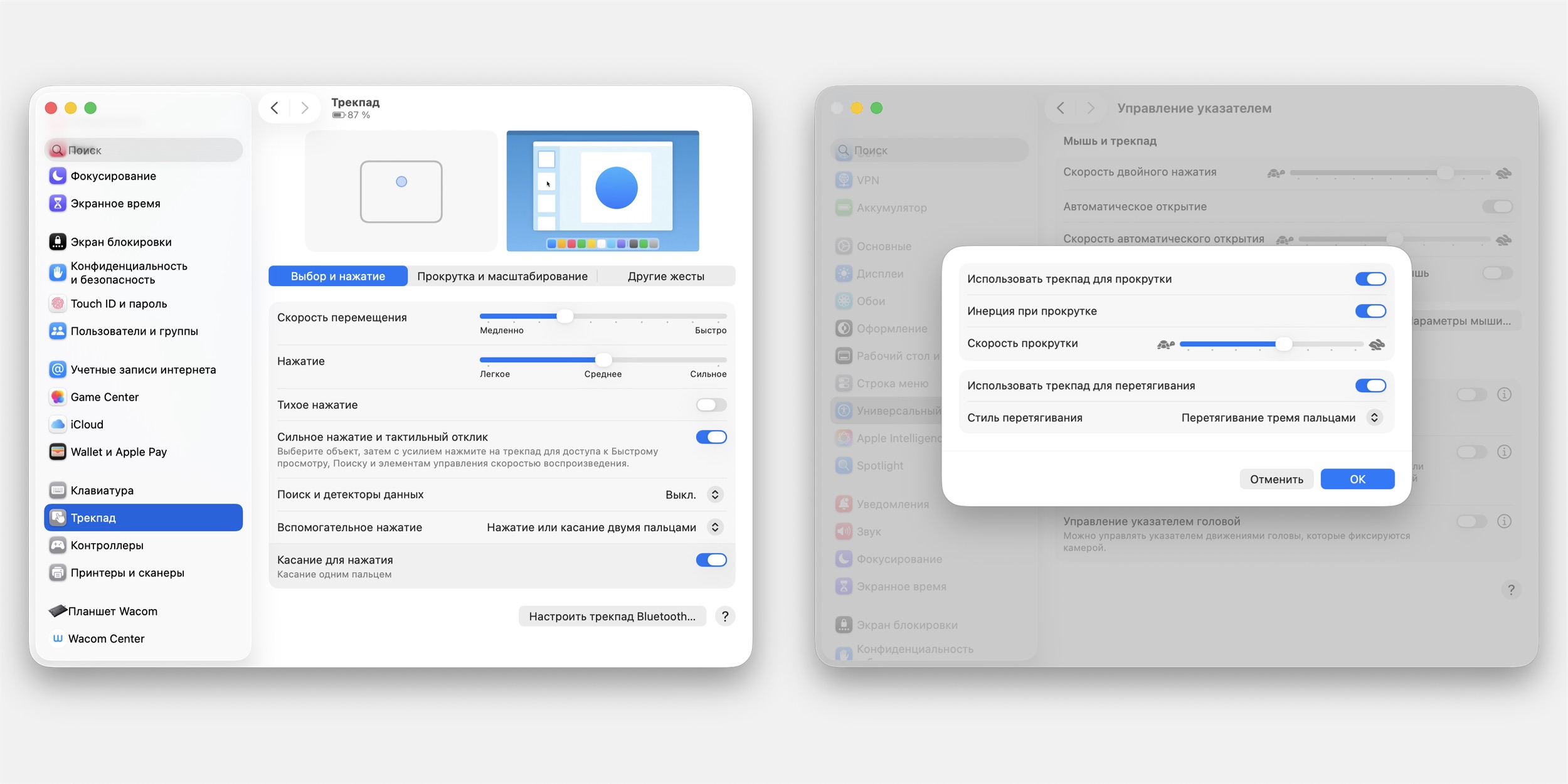 Настройки трекпада в macOS