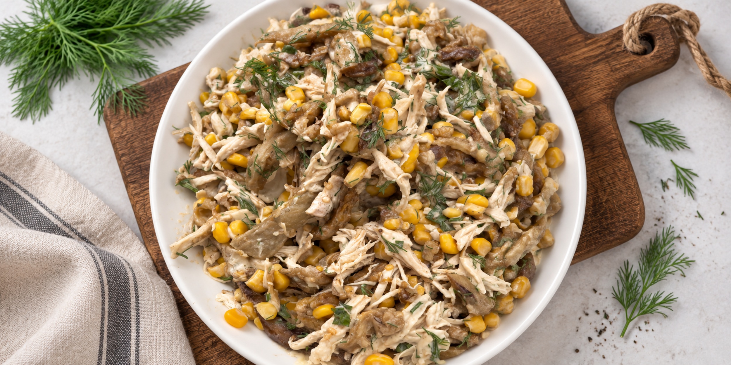 Белковый салат с курицей, жареными баклажанами и кукурузой