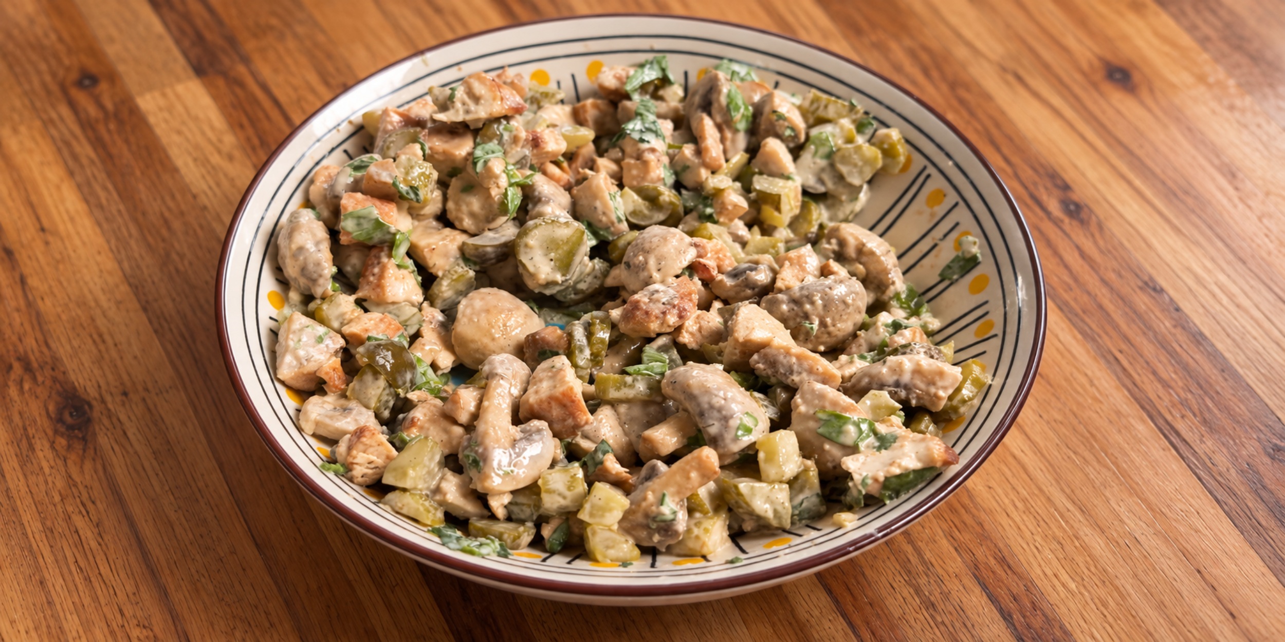 Белковый салат с курицей и жареными грибами