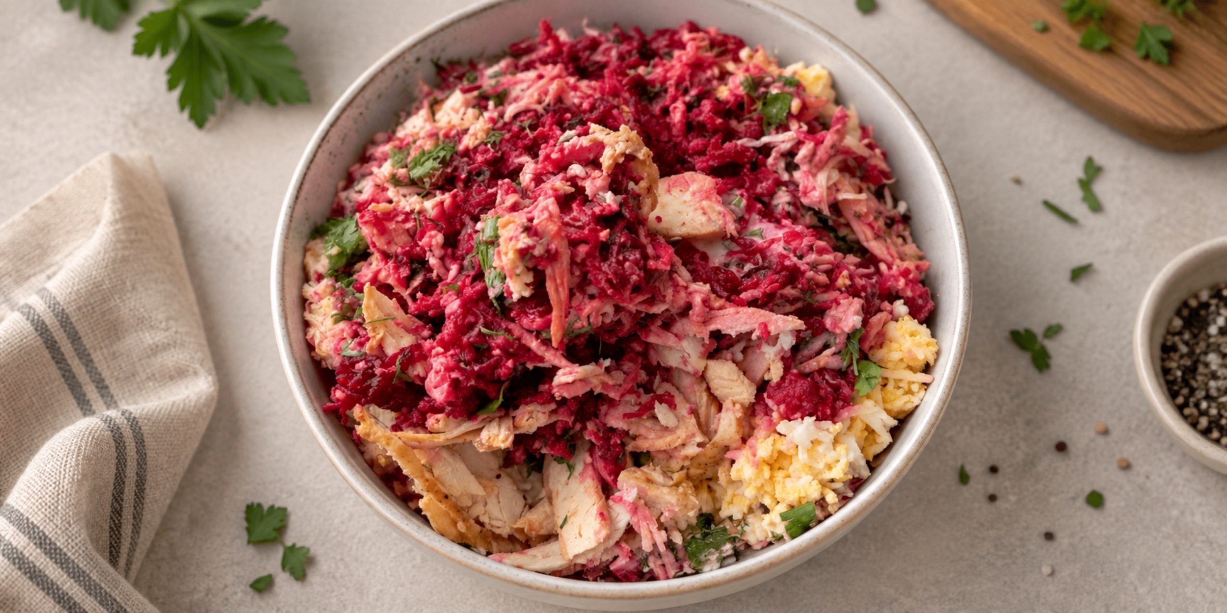 Свекольный белковый салат с индейкой и яйцами